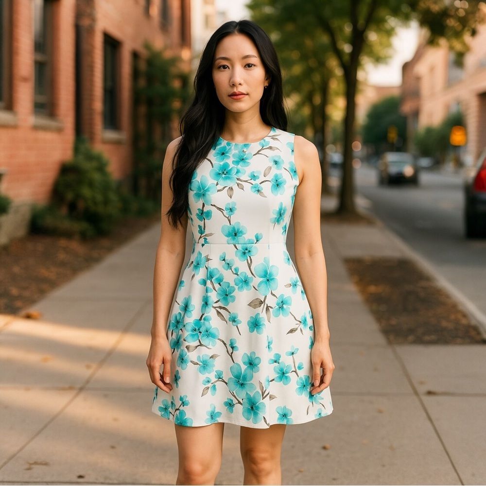 Jessica Howard White Teal Floral Fit Flare Dress 10P